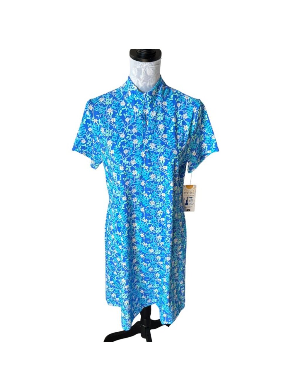 Lulu-B Floral Womens Short Sleeve Dress UPF 50+ Blue Floral Medium NWT